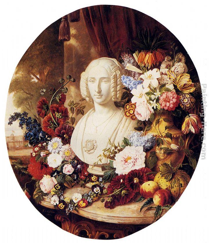 Virginie de Sartorius A Still Life With Assorted Flowers, Fruit And A Marble Bust Of A Woman